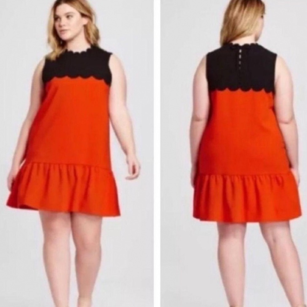 Victoria Beckham for Target Orange Black Scallop Drop Waist Dress L NEW